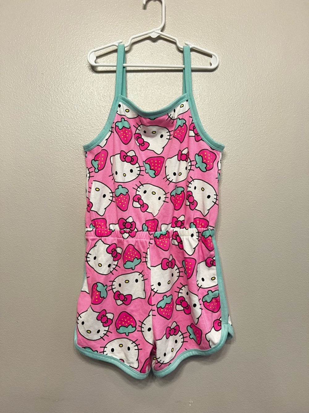 Hello Kitty Pink Strawberry Sleeveless Romper with Teal Trim‎ Girls Large 10/12